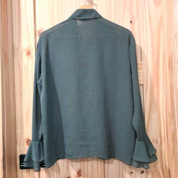 SLB Sunny Leigh Green Polka Dot Bell Sleeve Ruffle Button Up Top Coquette Size M - Picture 4 of 10